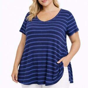 St. Tropez West 2X Blue Striped T-Shirt Dress Women's Short Sleeve Soft Stretchy